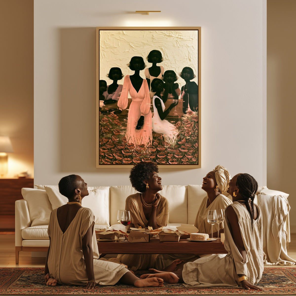 The Bridal Party canvas in a living room, a family sitting together on the floor