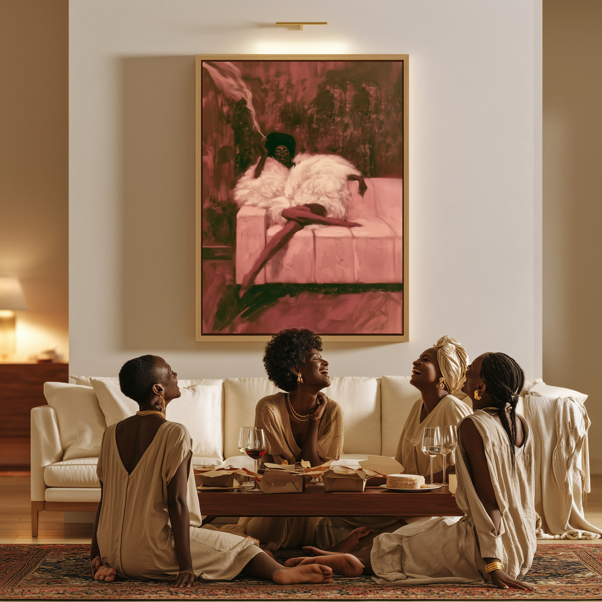Woman in White Fur canvas in a living room, a family sitting together on the floor