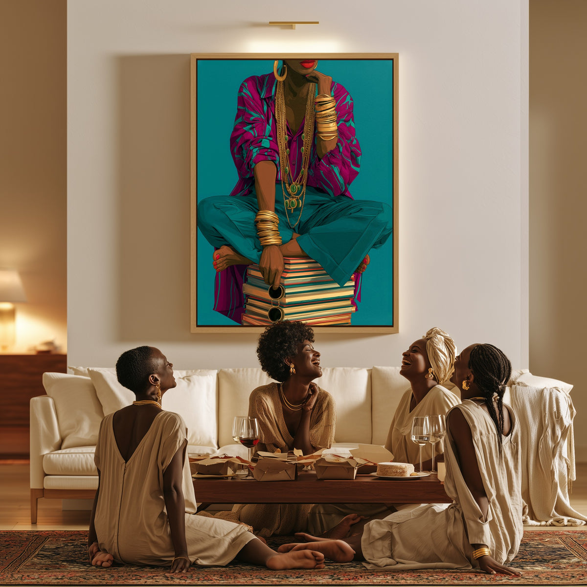 Throne of Books canvas in a living room, a family sitting together on the floor