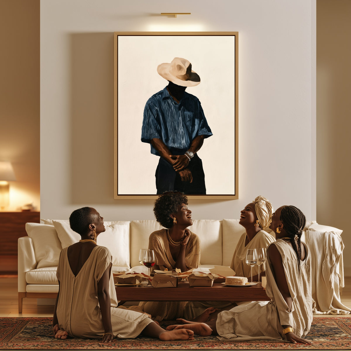 Patience canvas in a living room, a family sitting together on the floor