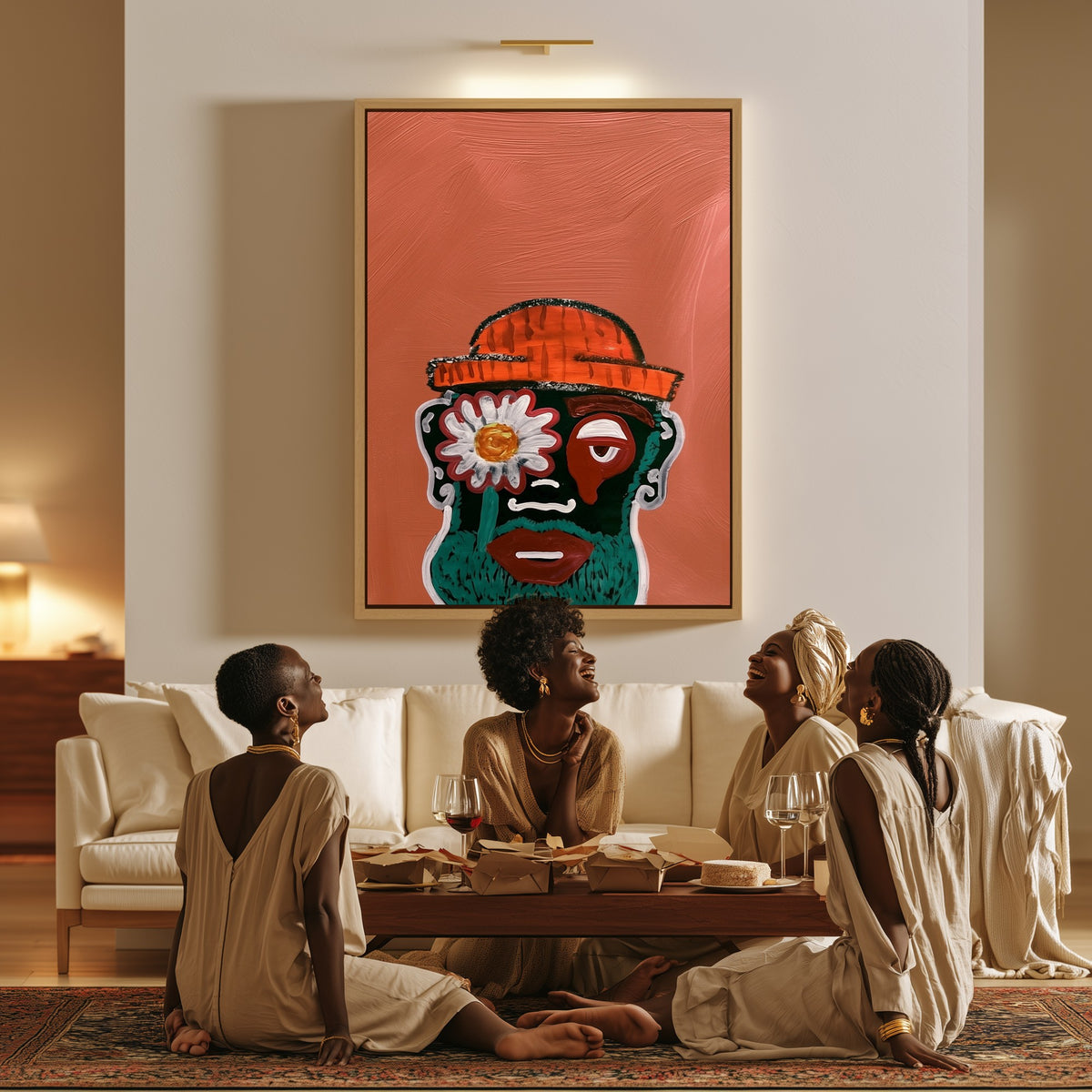 The Mask canvas in a living room, a family sitting together on the floor