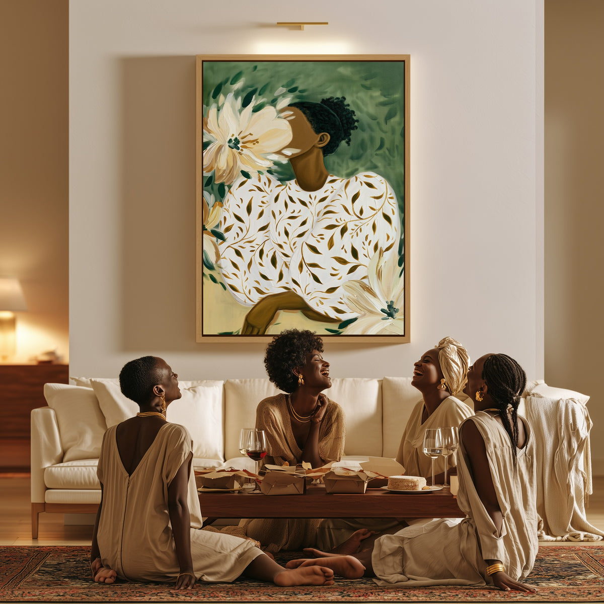 Hidden Bloom canvas in a living room, a family sitting together on the floor