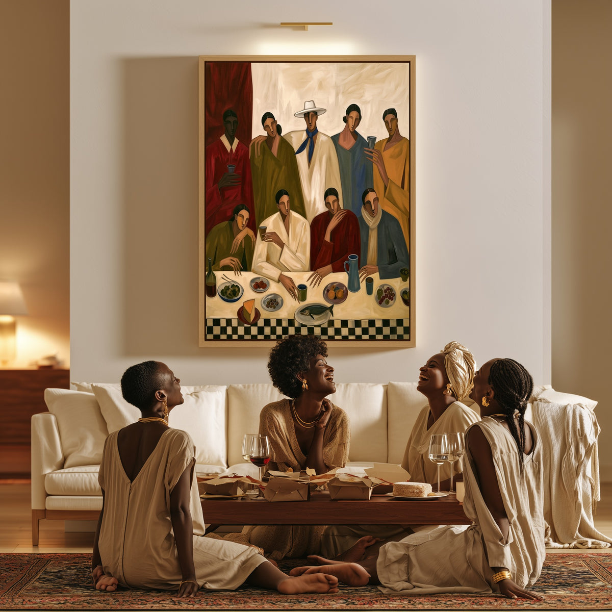 The Supper Guests canvas in a living room, a family sitting together on the floor
