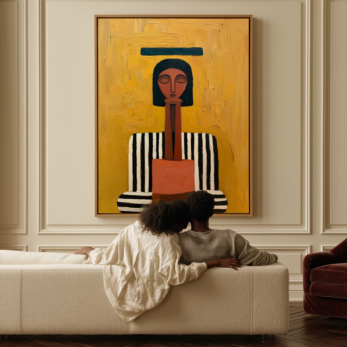 The Keeper canvas above a sofa, a couple sitting together