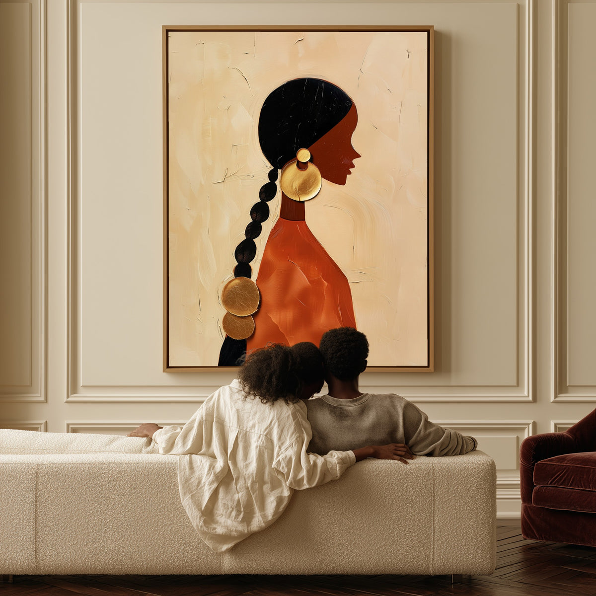 Woman with Gold Discs canvas above a sofa, a couple sitting together