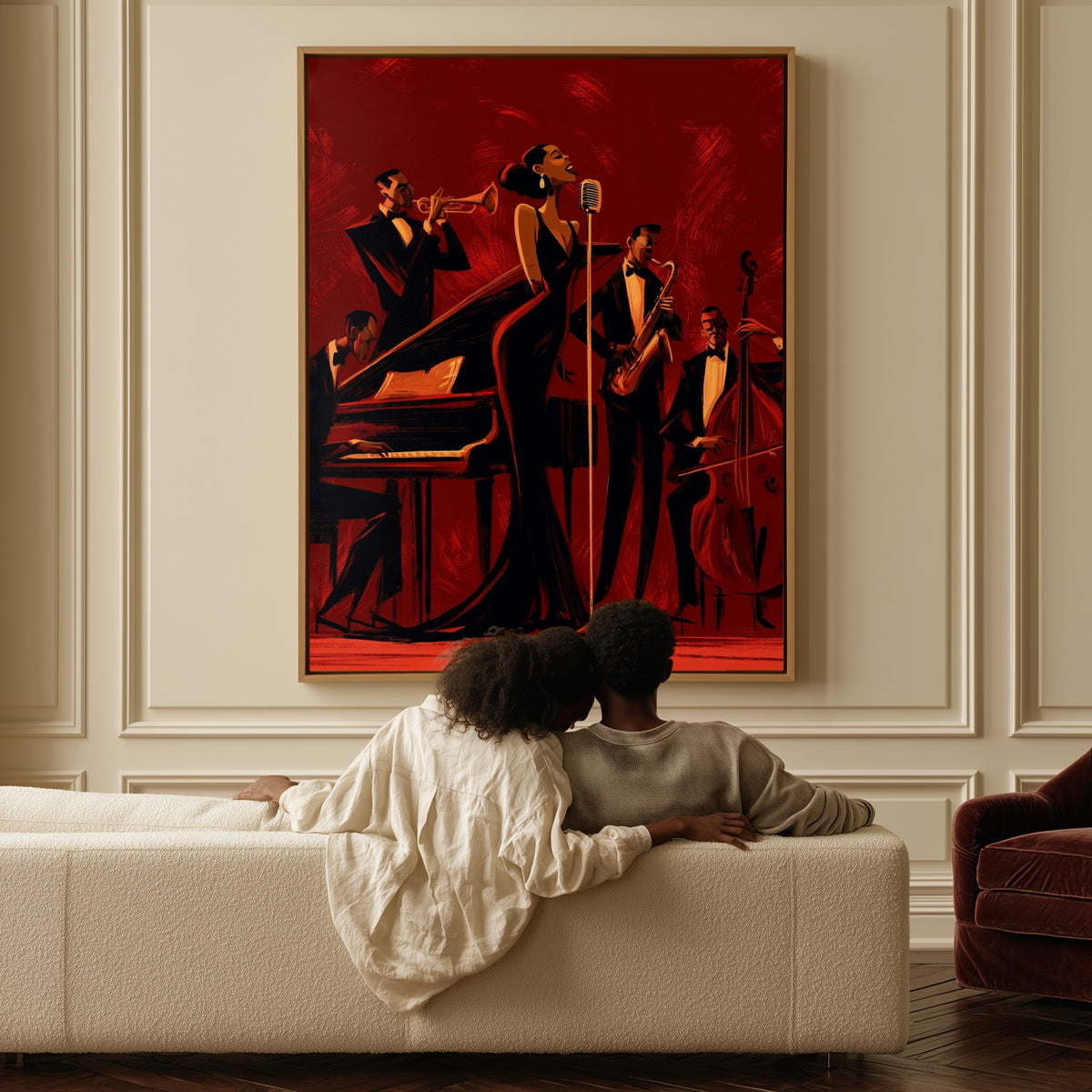 The Chanteuse canvas above a sofa, a couple sitting together