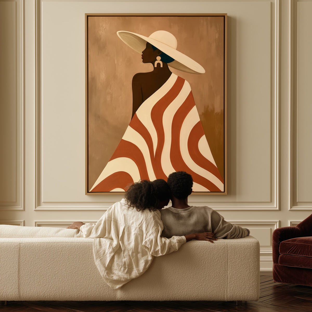 The Wide Hat canvas above a sofa, a couple sitting together