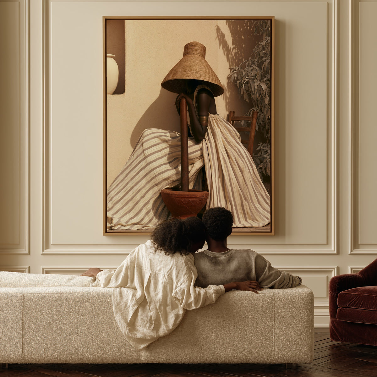 Afternoon at the Mortar canvas above a sofa, a couple sitting together