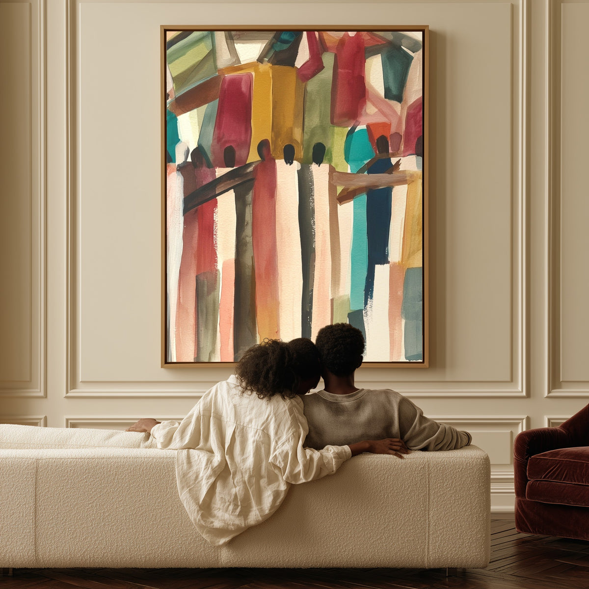 Shoulder to Shoulder canvas above a sofa, a couple sitting together