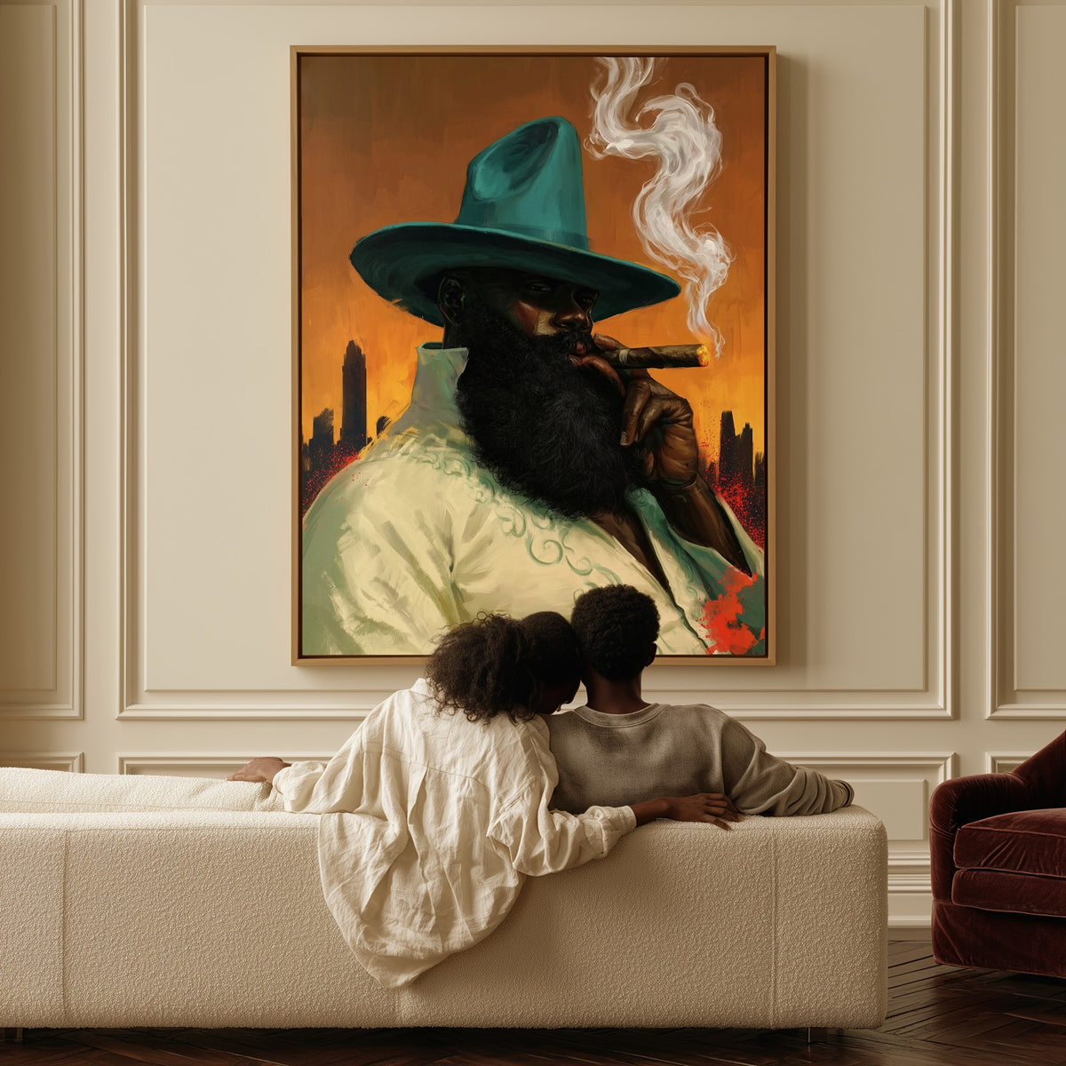 The Patron canvas above a sofa, a couple sitting together