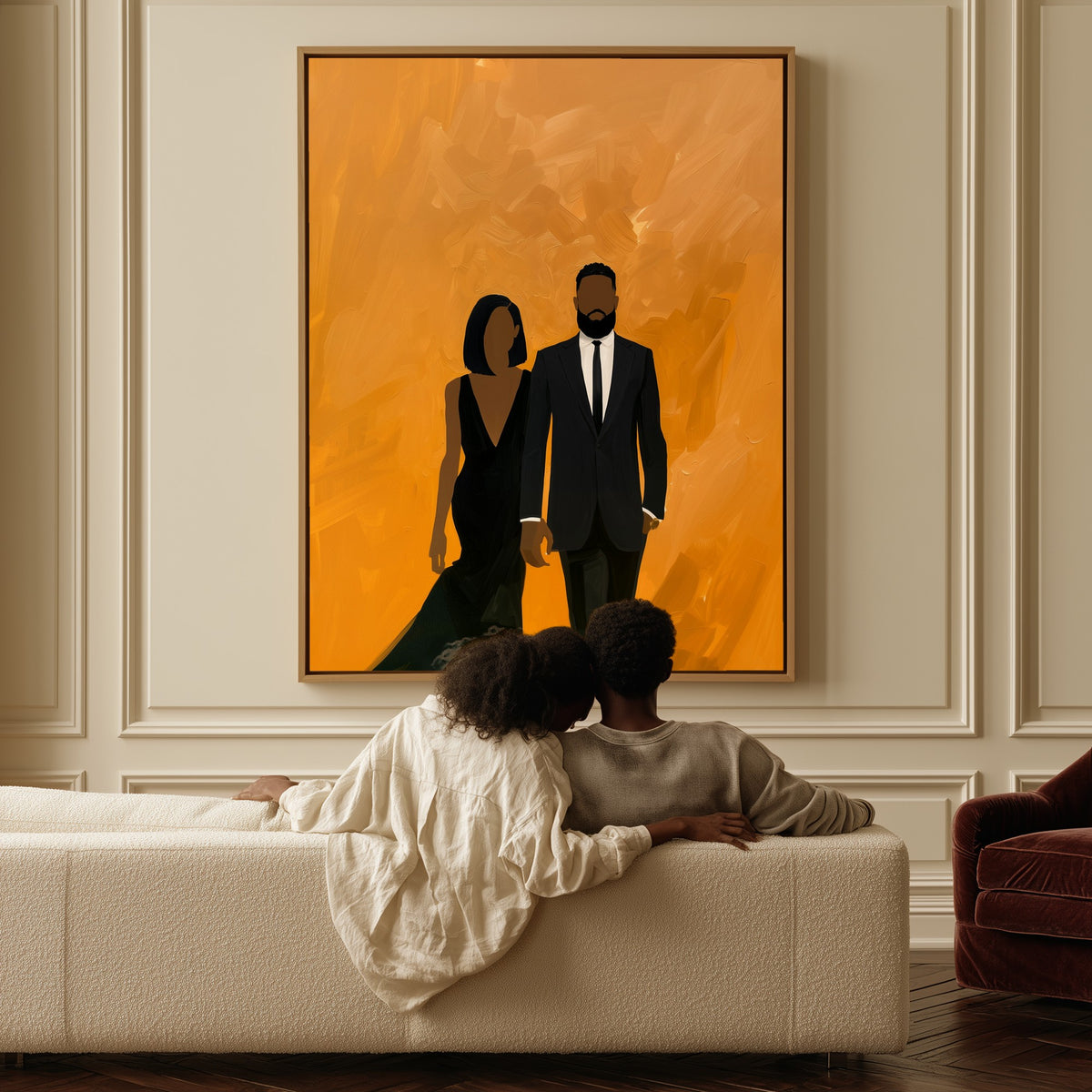 Evening Arrival canvas above a sofa, a couple sitting together
