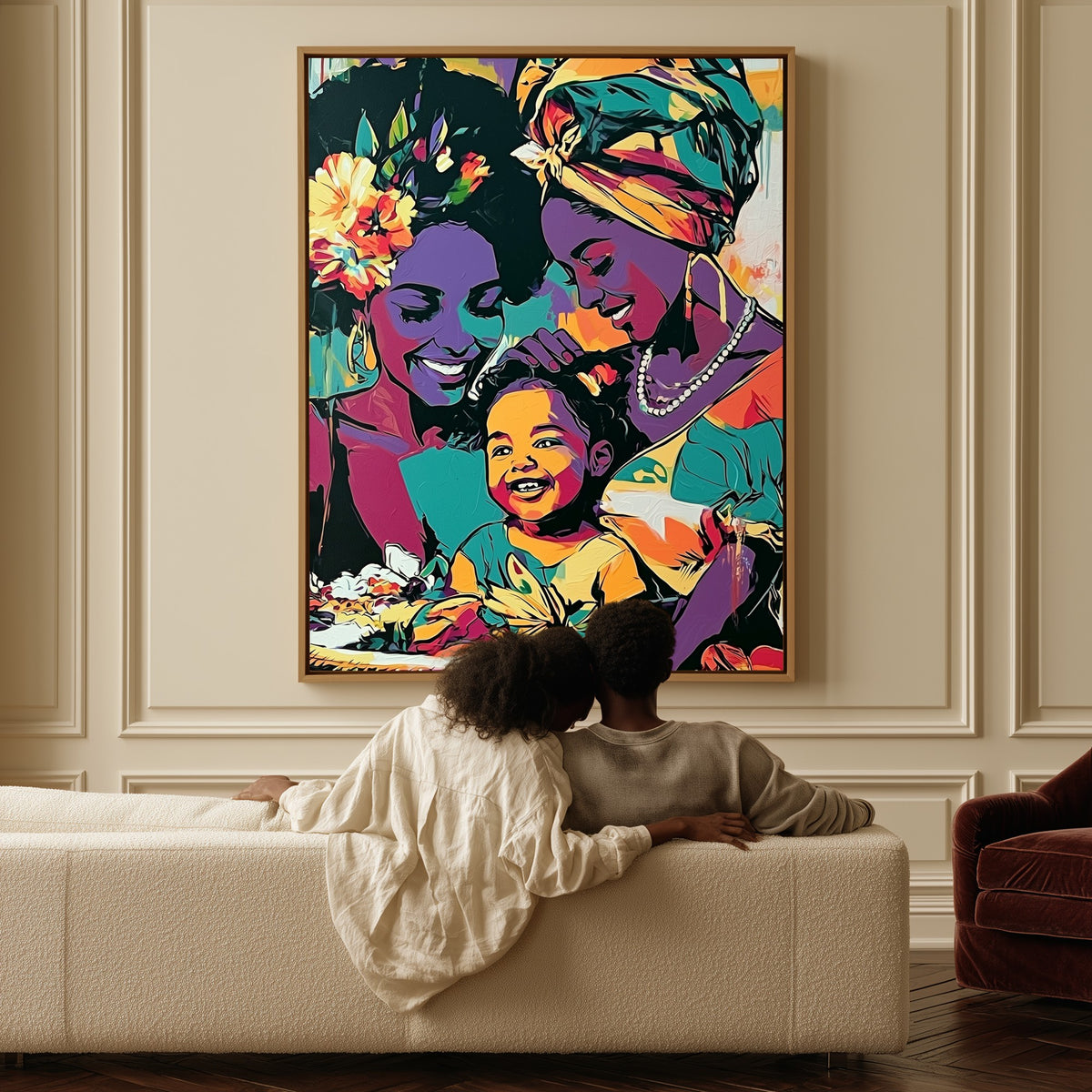 Held Between Us canvas above a sofa, a couple sitting together