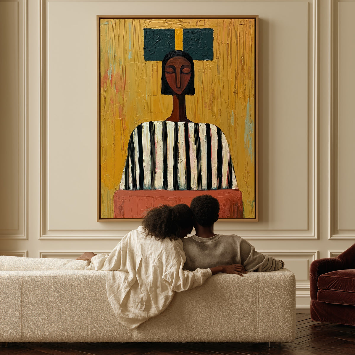 Teal Crown canvas above a sofa, a couple sitting together