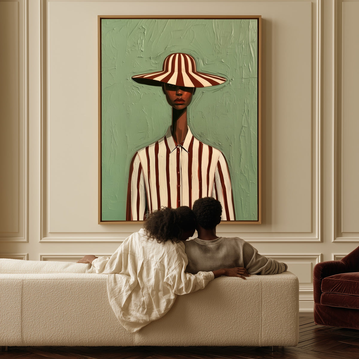 Striped Composure canvas above a sofa, a couple sitting together