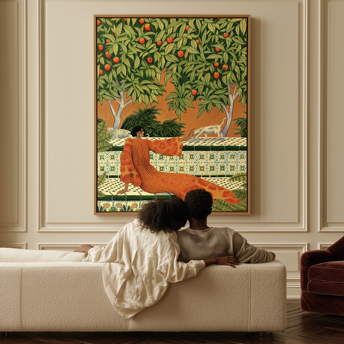 Orchard Heat canvas above a sofa, a couple sitting together