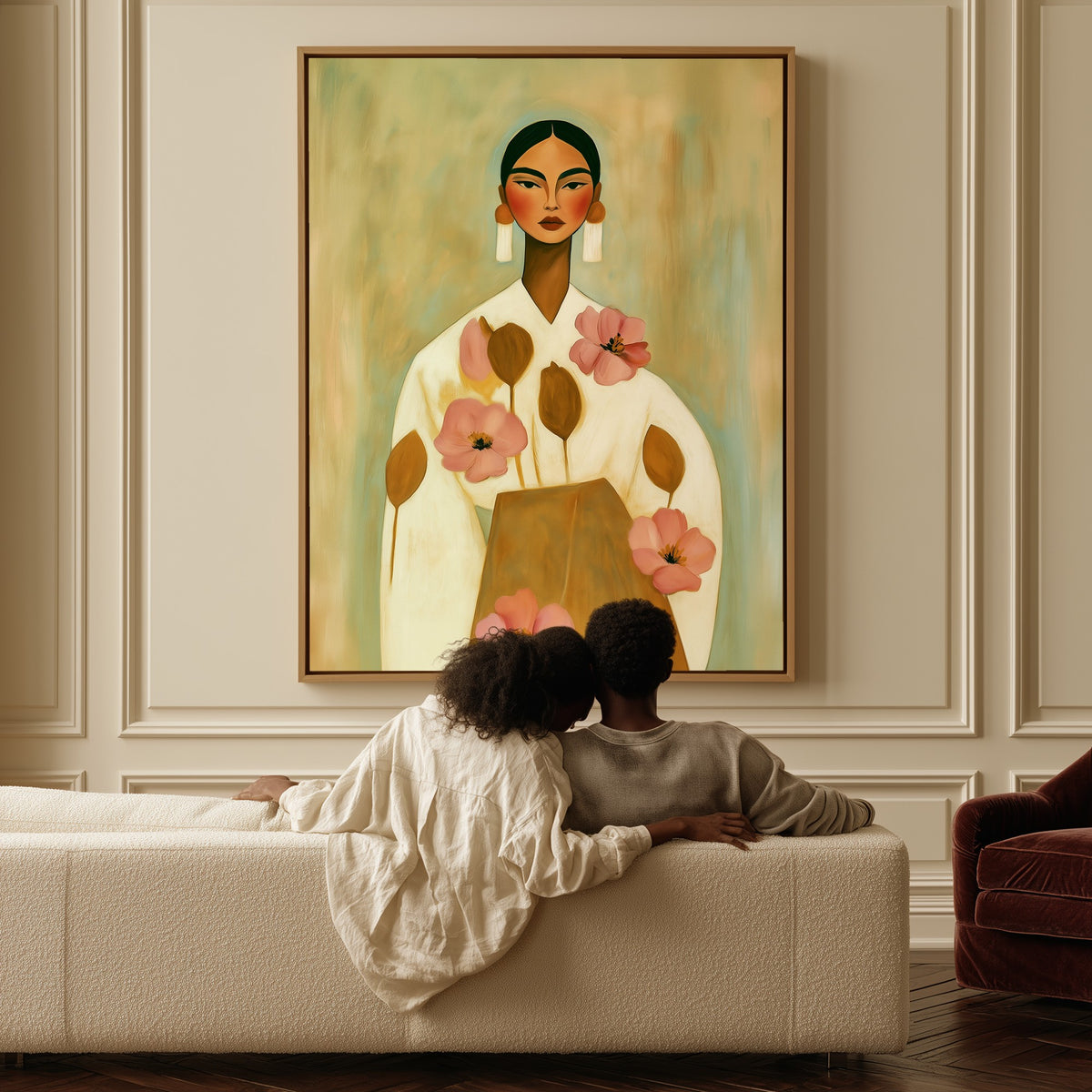 Soft Bloom canvas above a sofa, a couple sitting together