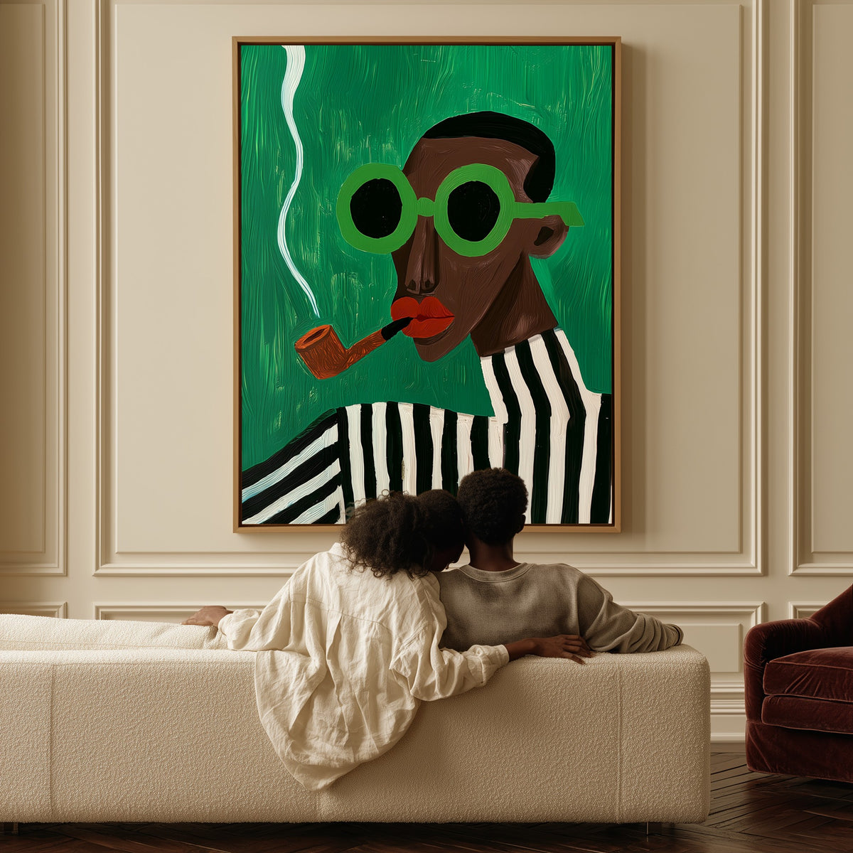 Slow Smoke canvas above a sofa, a couple sitting together