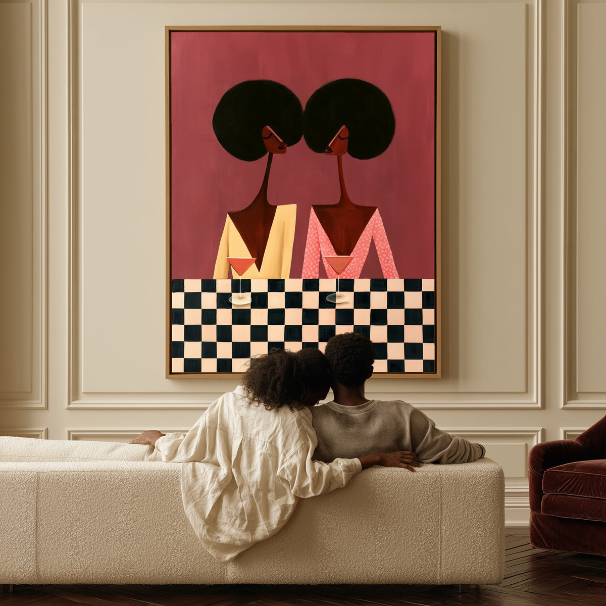 The Checkered Bar canvas above a sofa, a couple sitting together