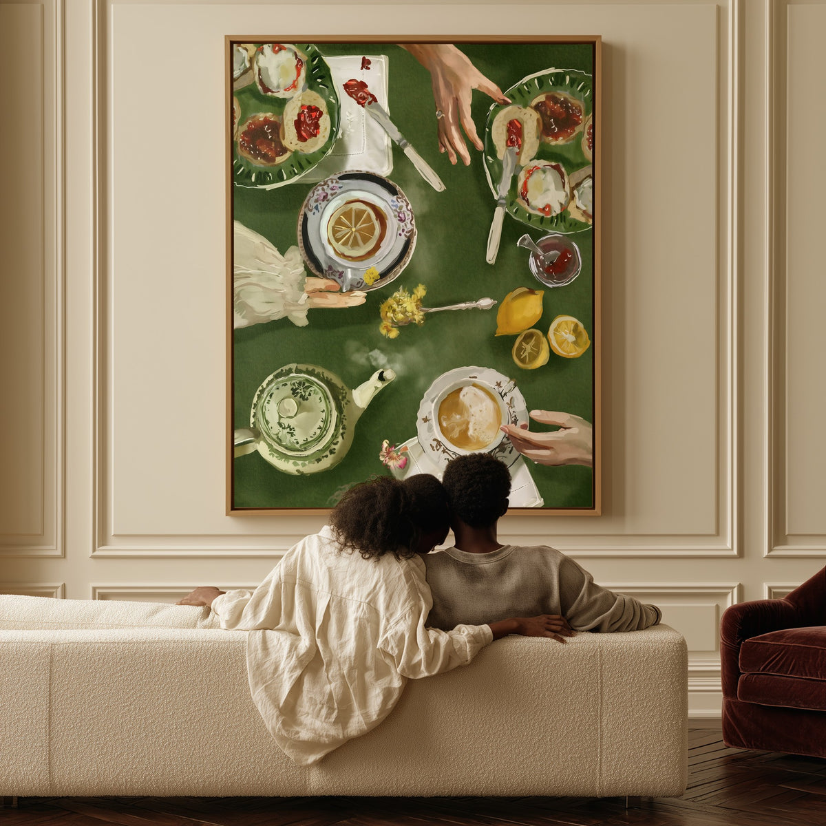 Afternoon Tea canvas above a sofa, a couple sitting together