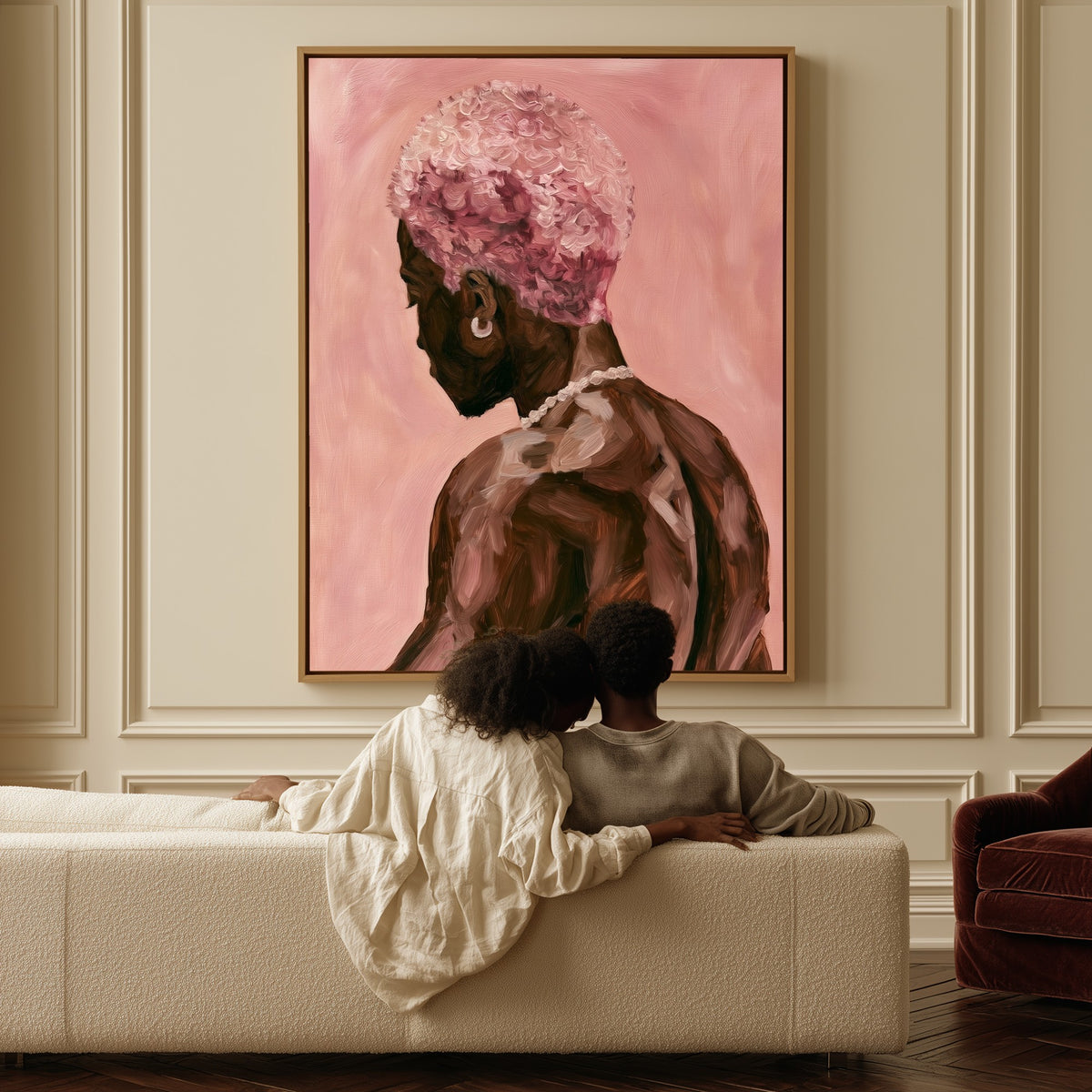 Man with Pink Blossoms canvas above a sofa, a couple sitting together