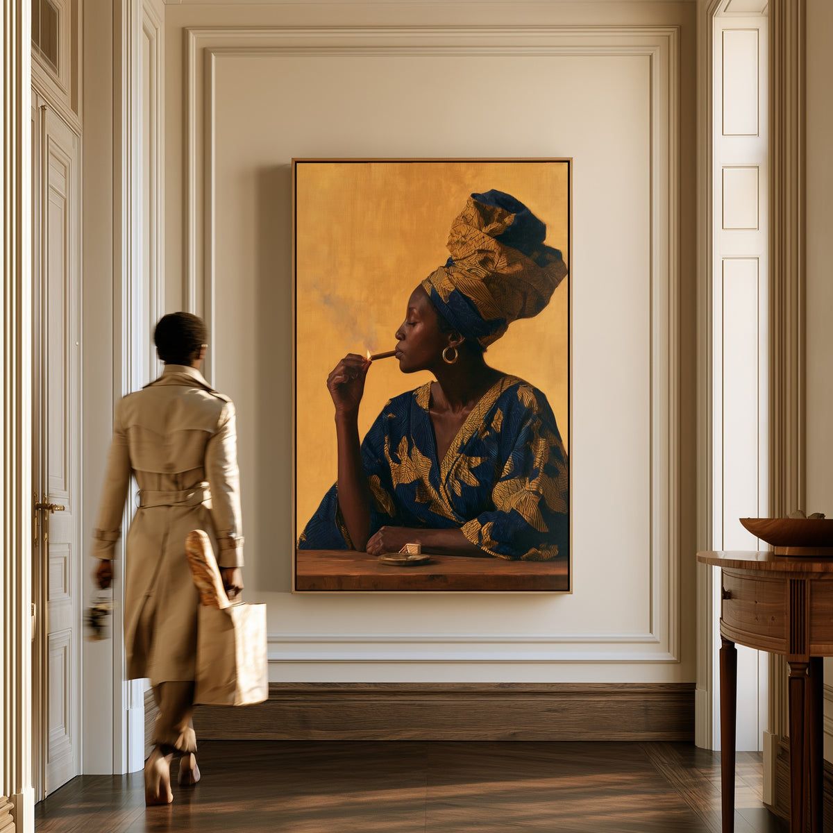 Woman with a Match canvas in a hallway, a woman in a trench coat