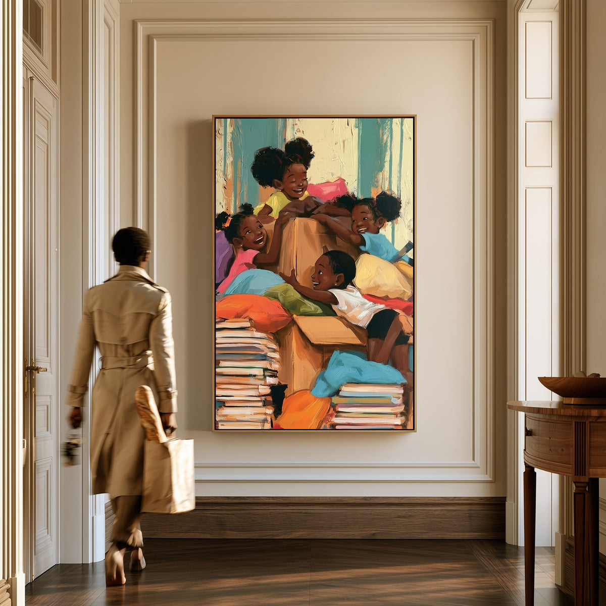 Pillow Fort Afternoon canvas in a hallway, a woman in a trench coat