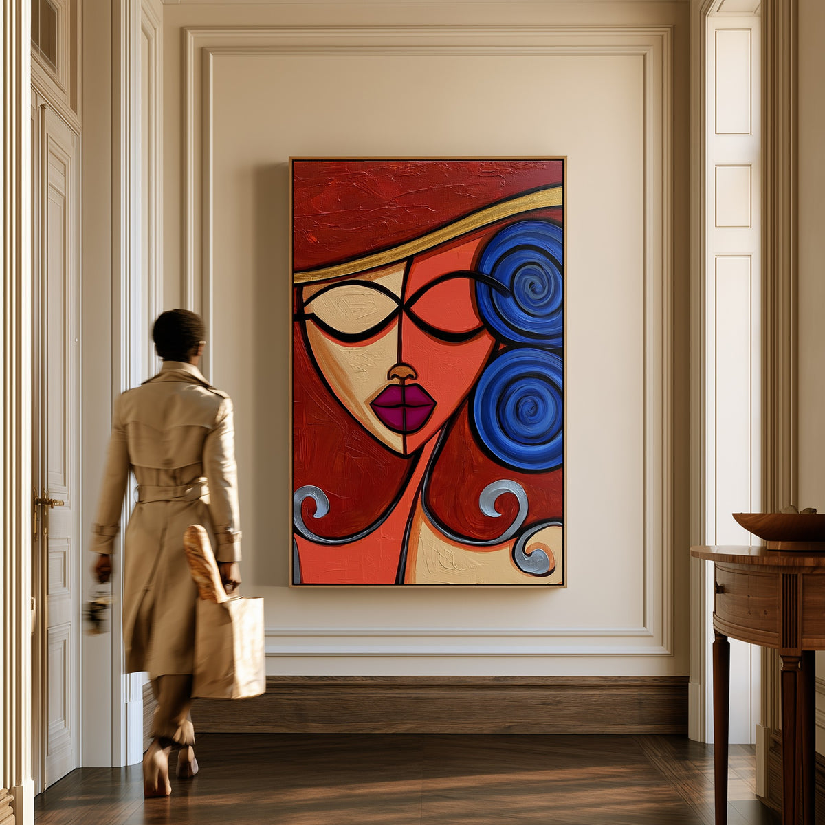 Cobalt Reverie canvas in a hallway, a woman in a trench coat