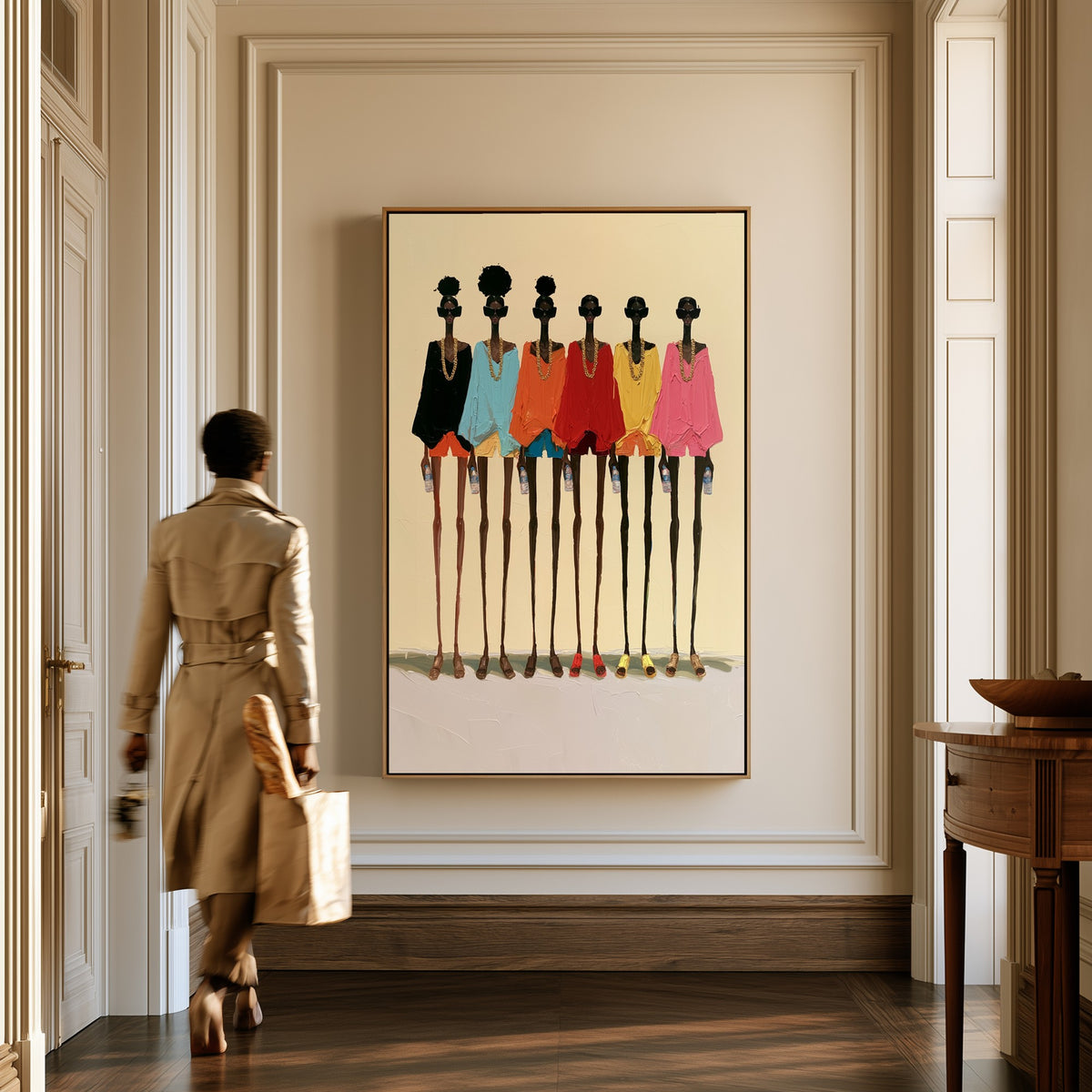 Six Sisters canvas in a hallway, a woman in a trench coat