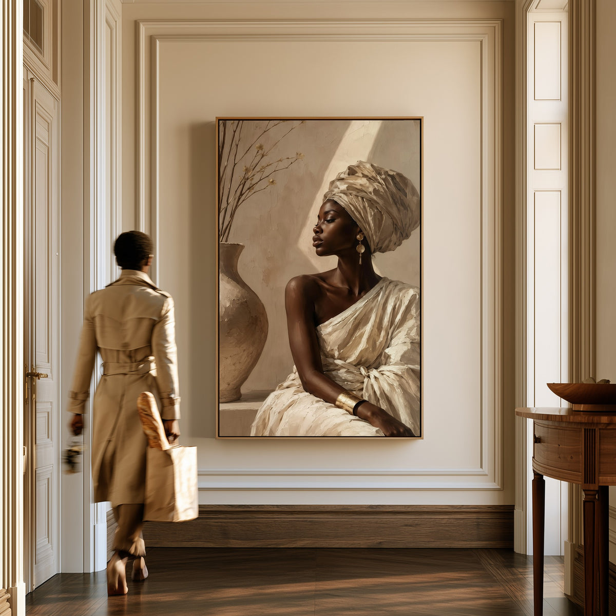 Woman with a Vase canvas in a hallway, a woman in a trench coat