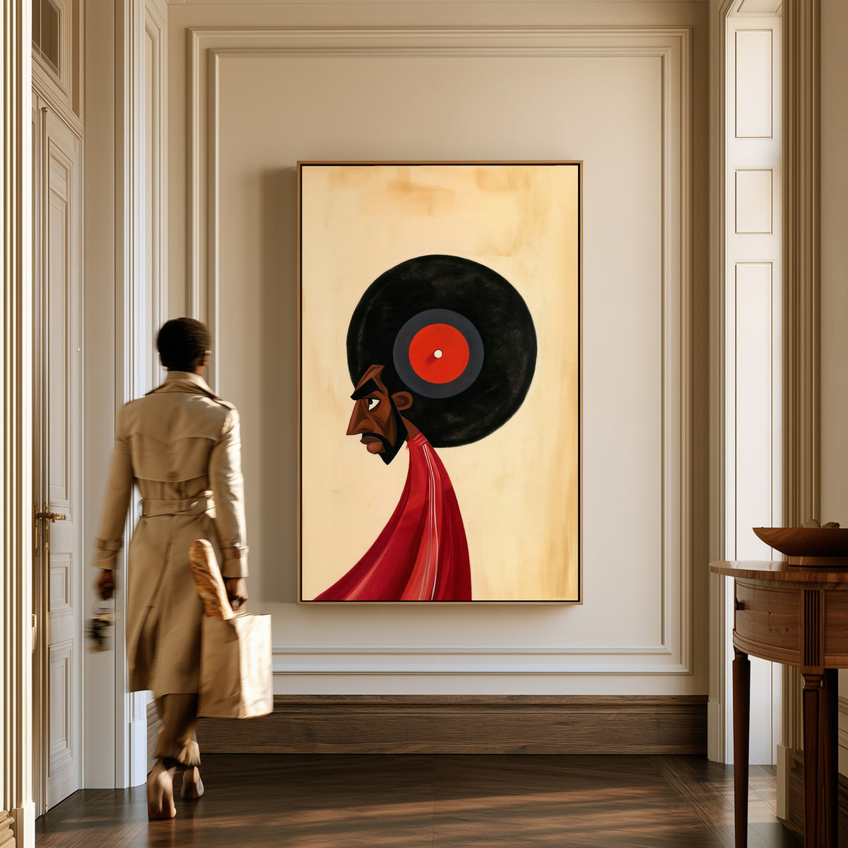 The Listener canvas in a hallway, a woman in a trench coat