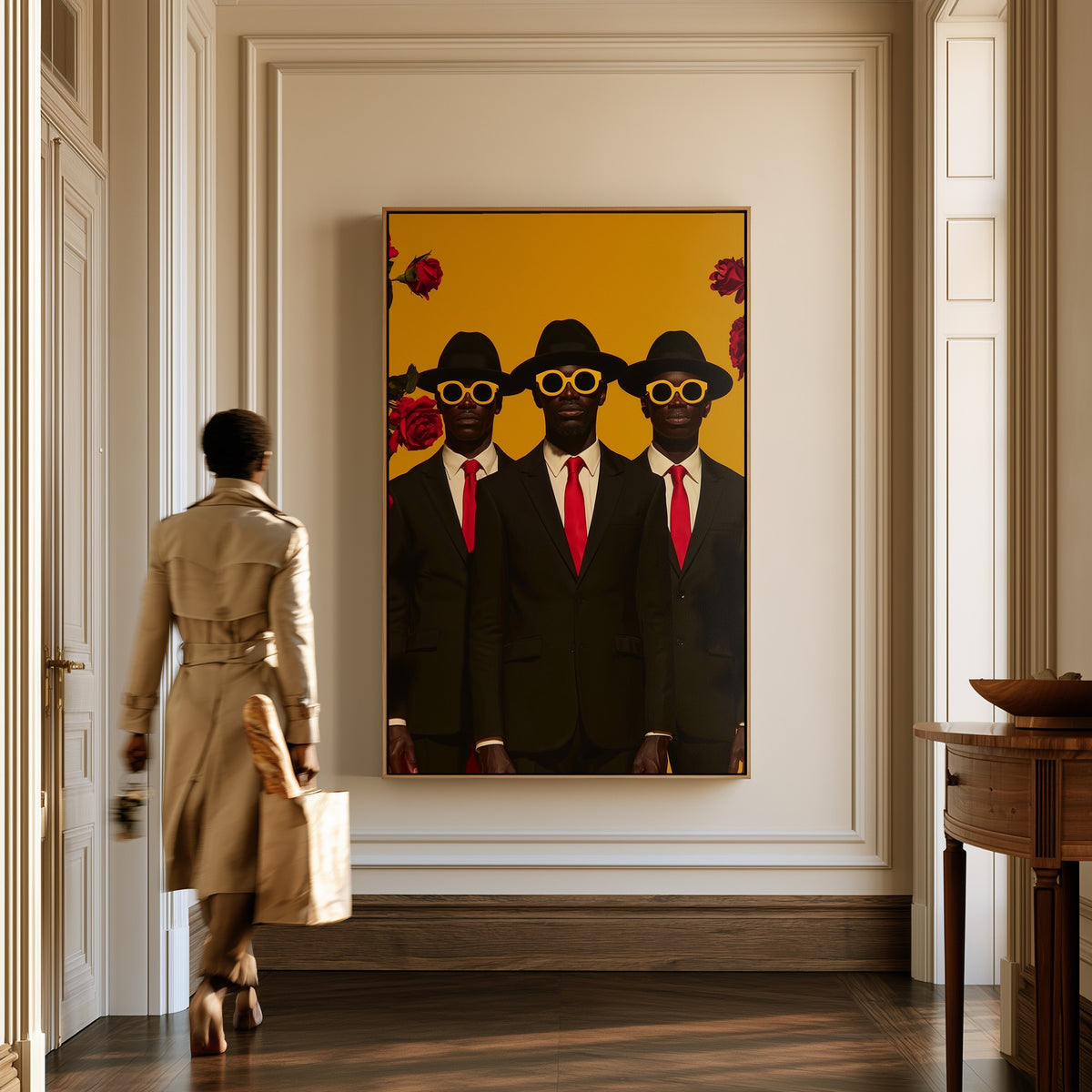 Three Gentlemen canvas in a hallway, a woman in a trench coat