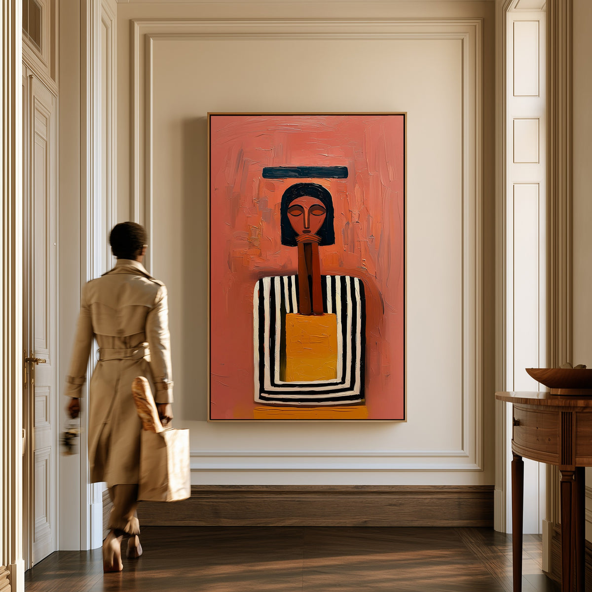 Woman Keeping Counsel canvas in a hallway, a woman in a trench coat