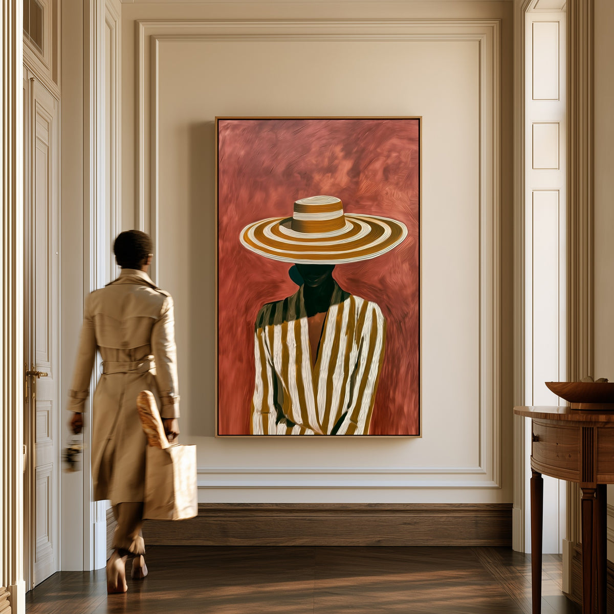 Stripes in Shade canvas in a hallway, a woman in a trench coat