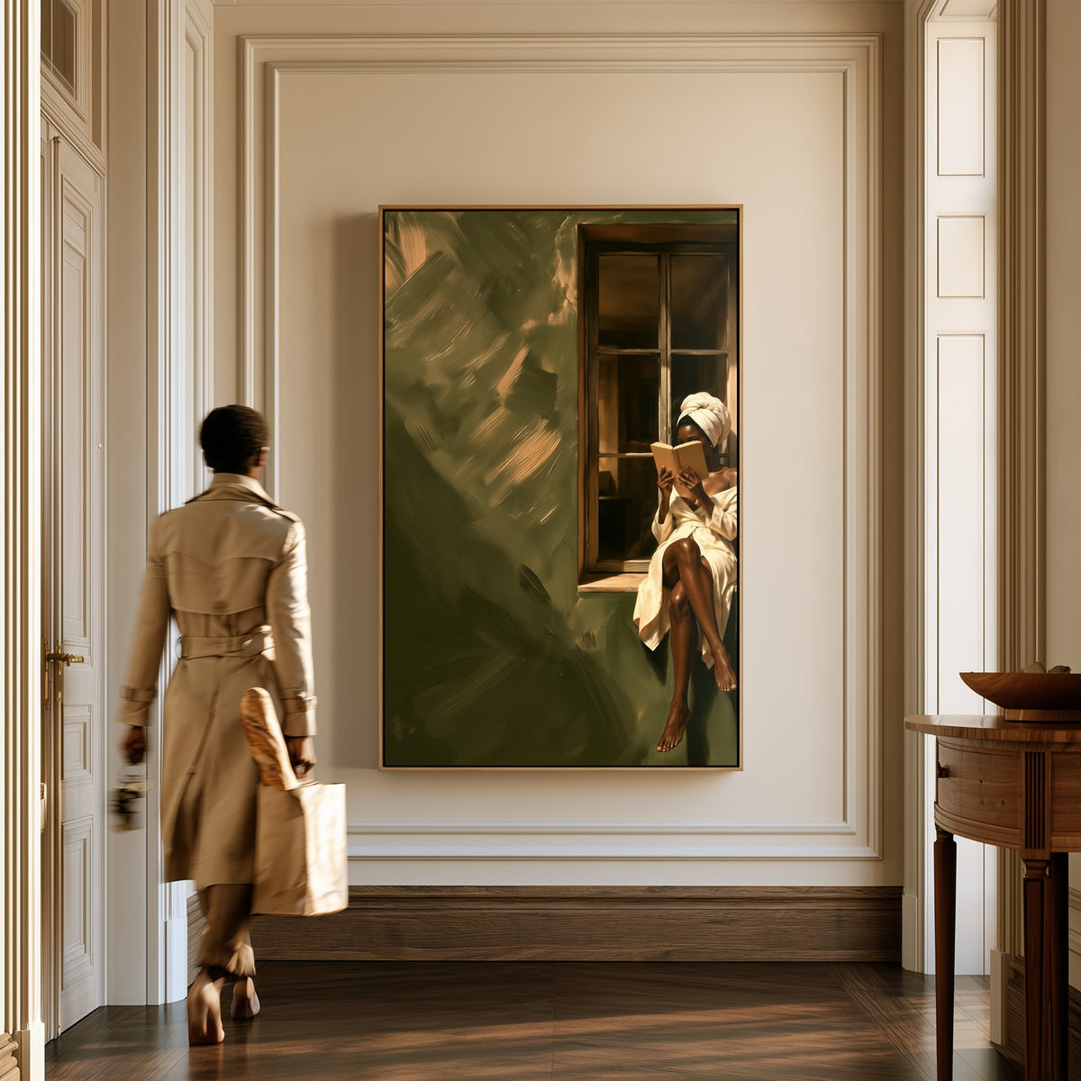 Reading by the Window canvas in a hallway, a woman in a trench coat