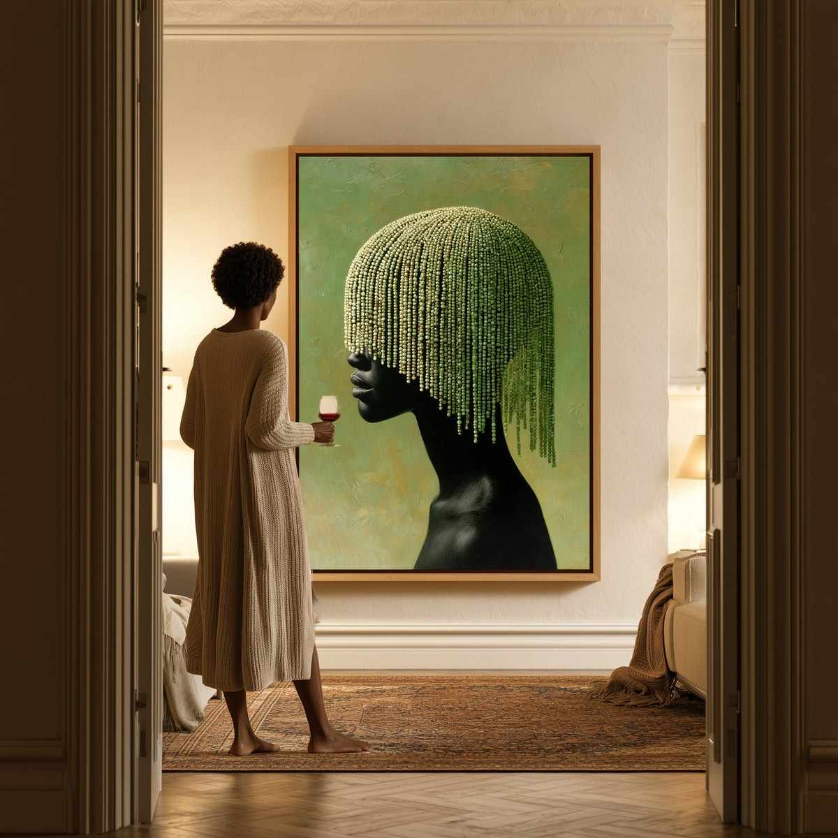 Veil in Sage canvas in a hallway, a woman in a robe at the doorway