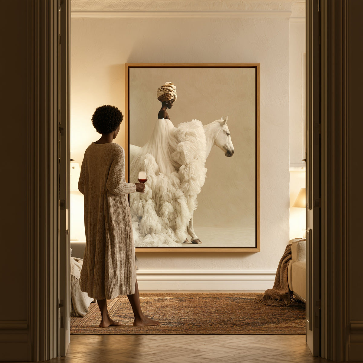 The White Mare canvas in a hallway, a woman in a robe at the doorway