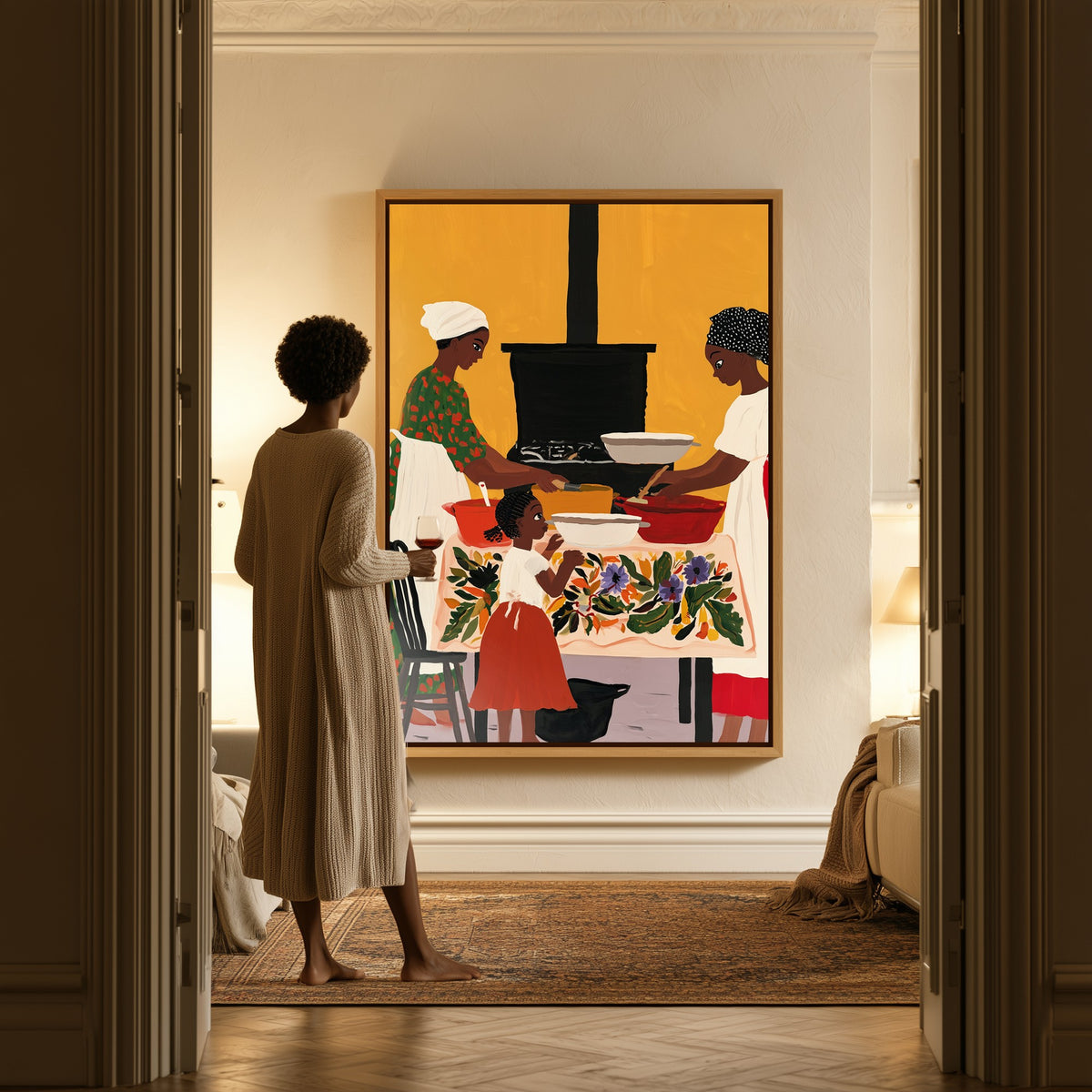 Stirring with Mama canvas in a hallway, a woman in a robe at the doorway