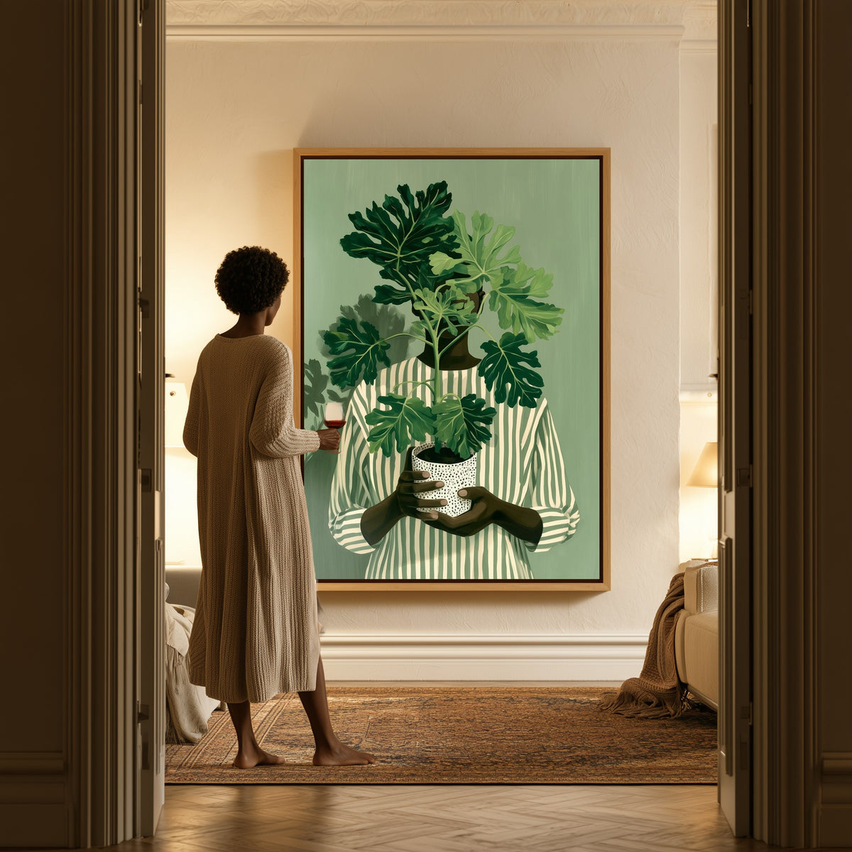 Quiet Growth canvas in a hallway, a woman in a robe at the doorway