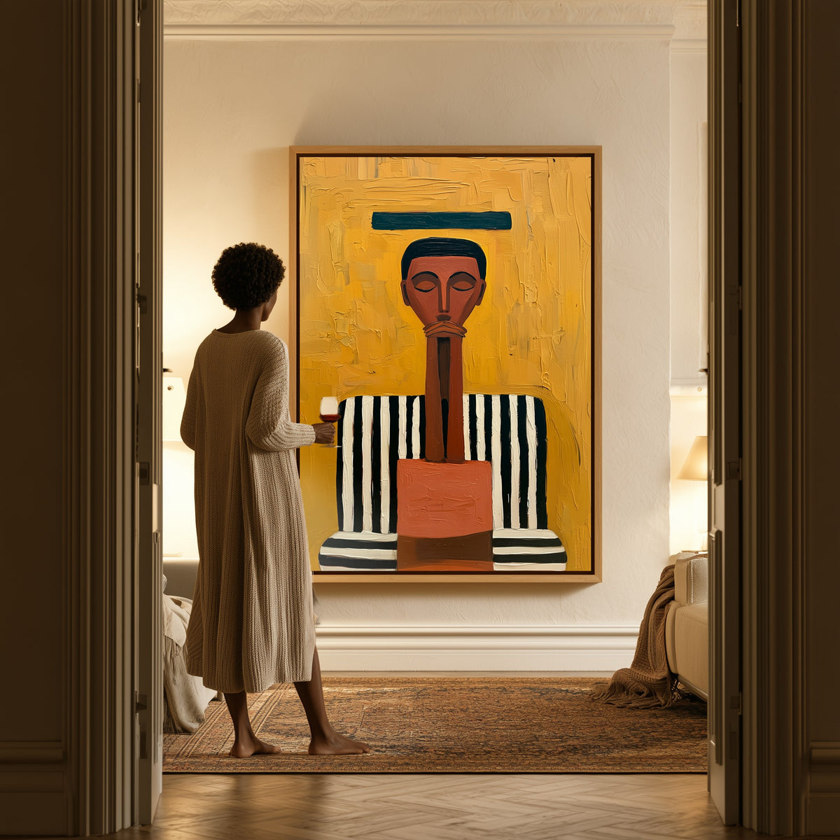 Golden Composure canvas in a hallway, a woman in a robe at the doorway
