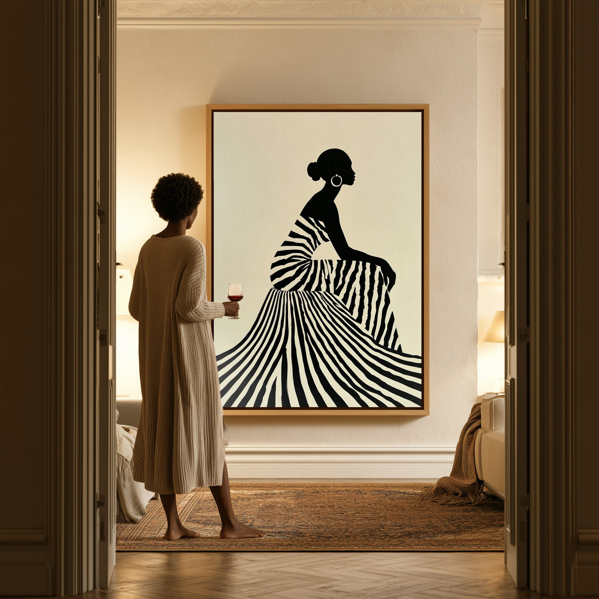 Line and Grace canvas in a hallway, a woman in a robe at the doorway
