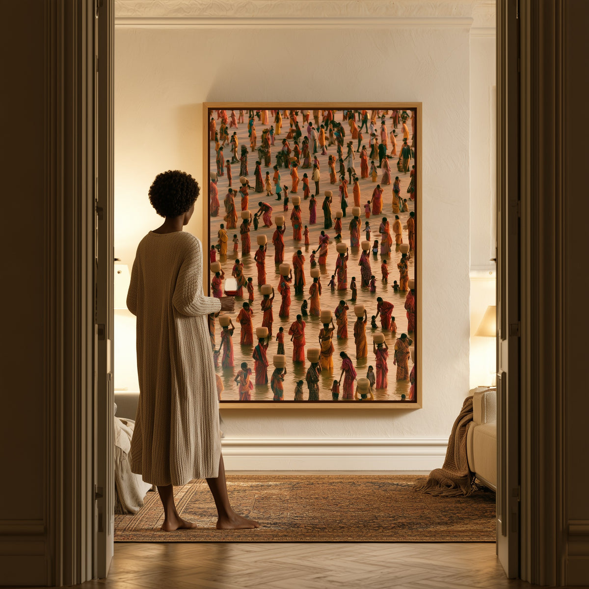 The Water Carriers canvas in a hallway, a woman in a robe at the doorway