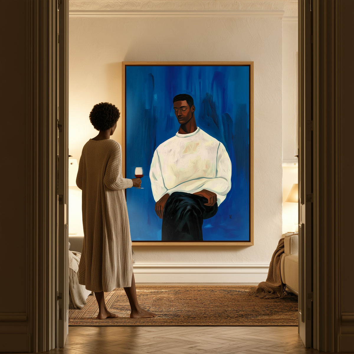 The White Sweater canvas in a hallway, a woman in a robe at the doorway