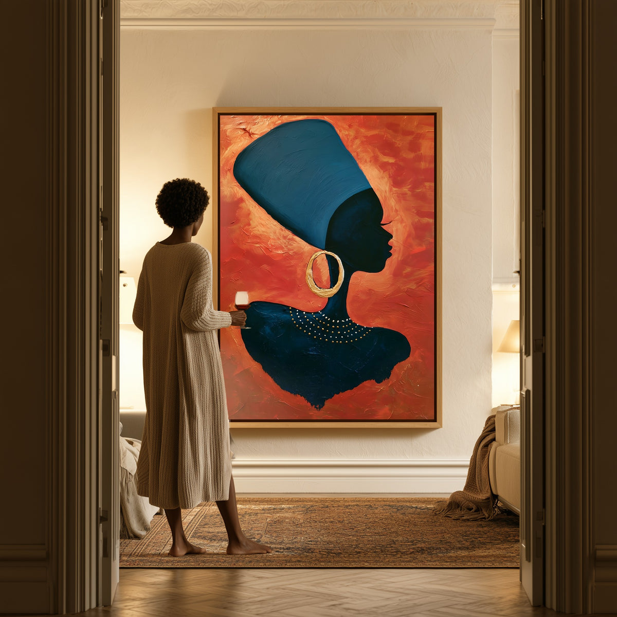 Blue Wrap canvas in a hallway, a woman in a robe at the doorway