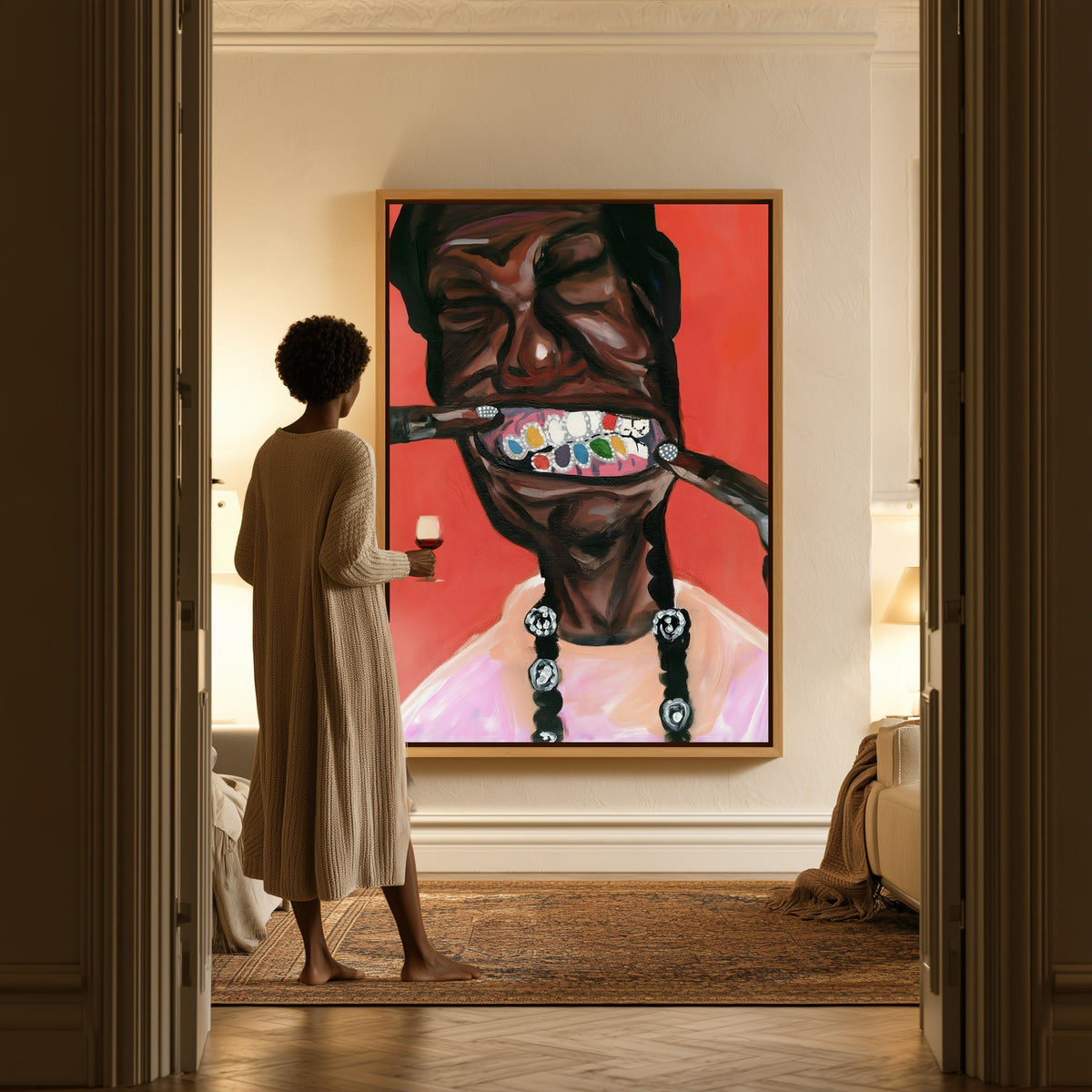 The Grin canvas in a hallway, a woman in a robe at the doorway