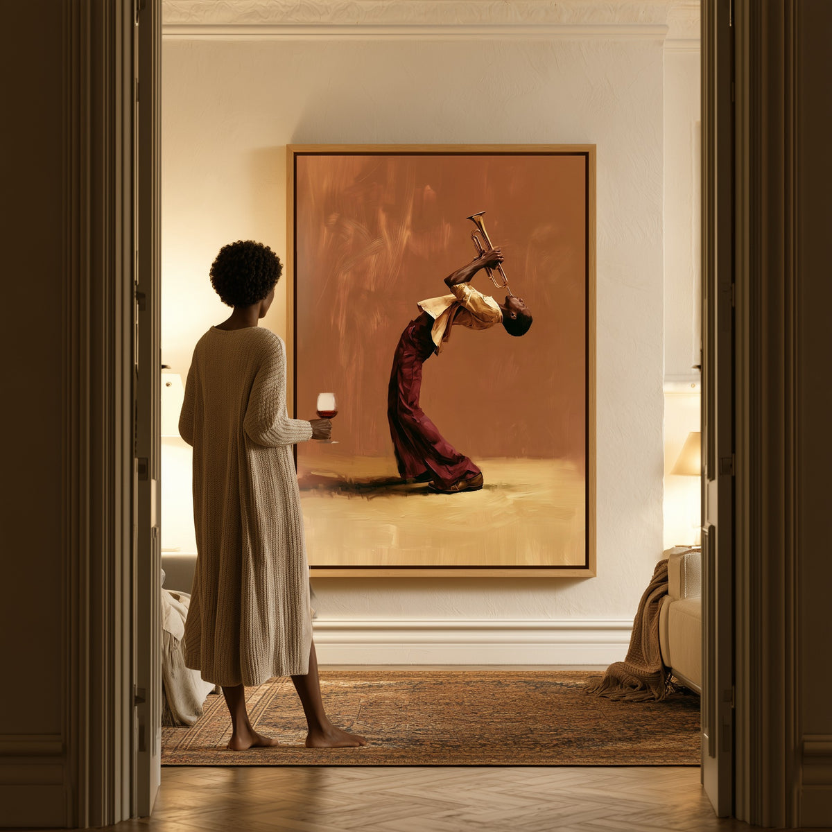 The Last Note canvas in a hallway, a woman in a robe at the doorway