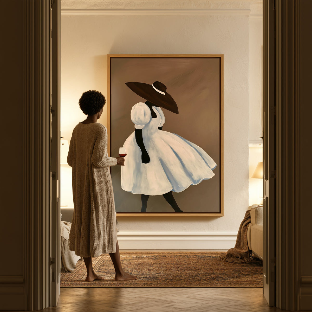 The White Dress canvas in a hallway, a woman in a robe at the doorway