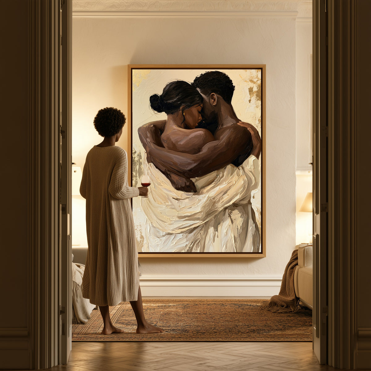 The Embrace canvas in a hallway, a woman in a robe at the doorway