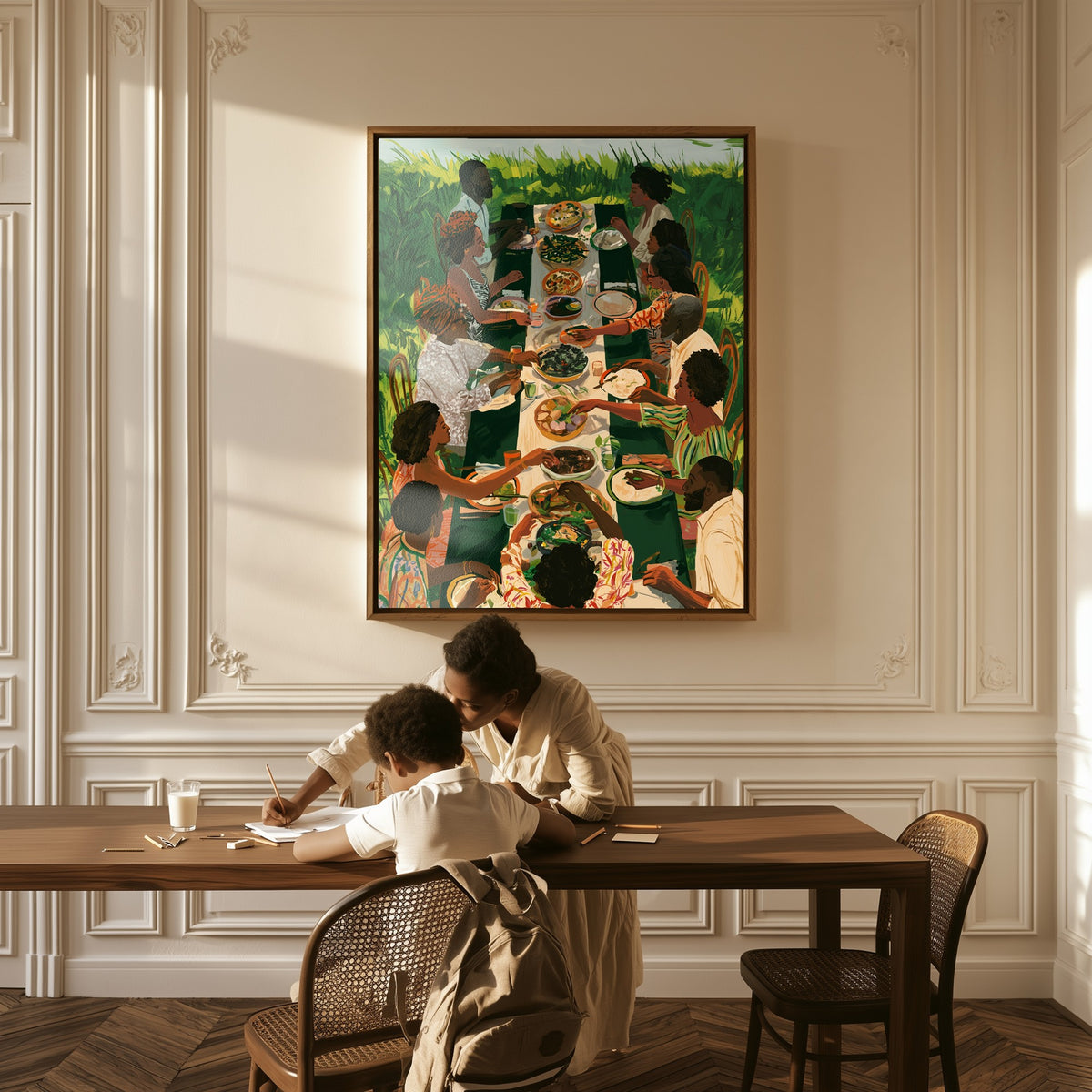 Harvest Table canvas above a table, a mother and child at work
