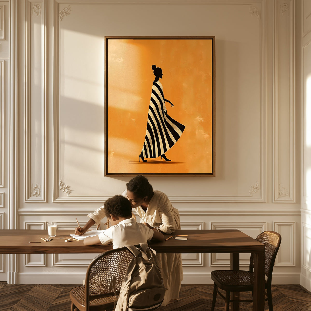 Promenade canvas above a table, a mother and child at work
