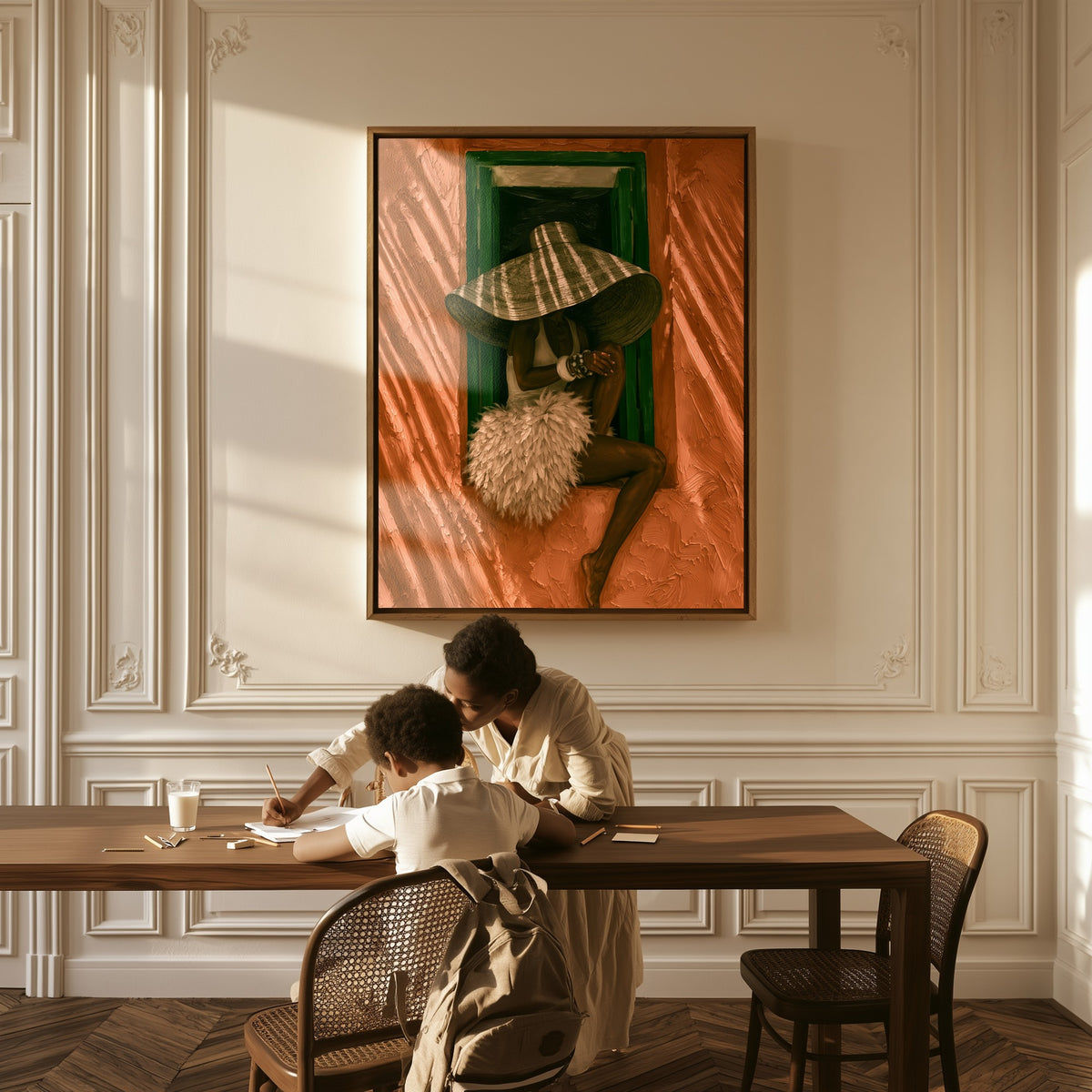 Woman at the Window canvas above a table, a mother and child at work